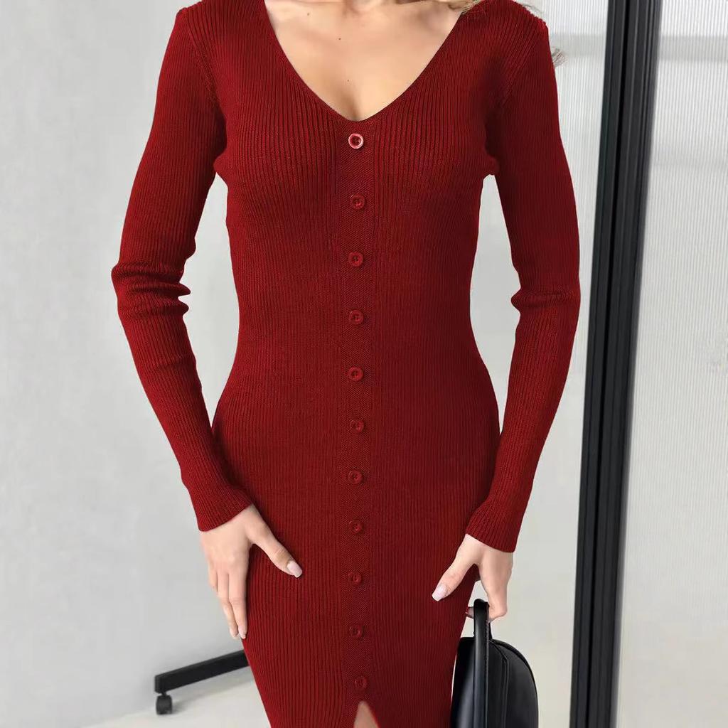 V-neck Mid-length Split Single-breasted Knitted Bodycon Dress