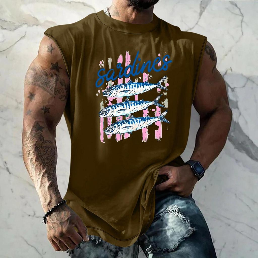 Pánské tílko s vtipným potiskem a retro texturou, volný střih, prodyšné, na letní sporty a streetwear, ležérní pro každodenní nošení