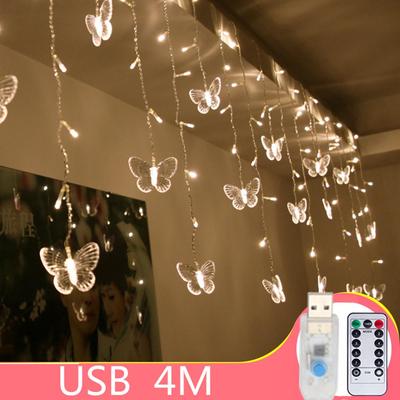 4M LED Icicle String Lights USB Powered Butterfly Fairy Lights Christmas Garland For New Year Wedding Party Terrace Curtain Patio Home Decoration