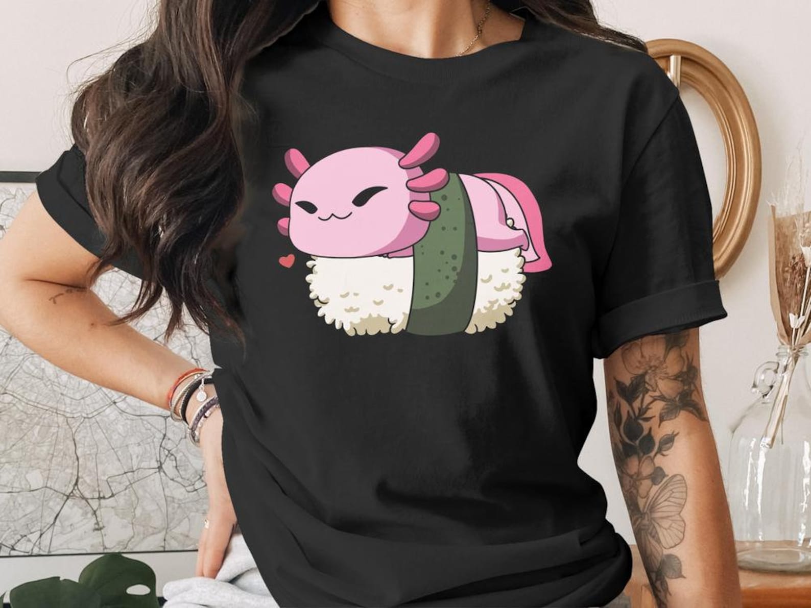 Cute Sushi Axolotl T-Shirt, Japanese Anime Gift, Kawaii Anime Sushi Shirt, Cute Japan Manga Art S