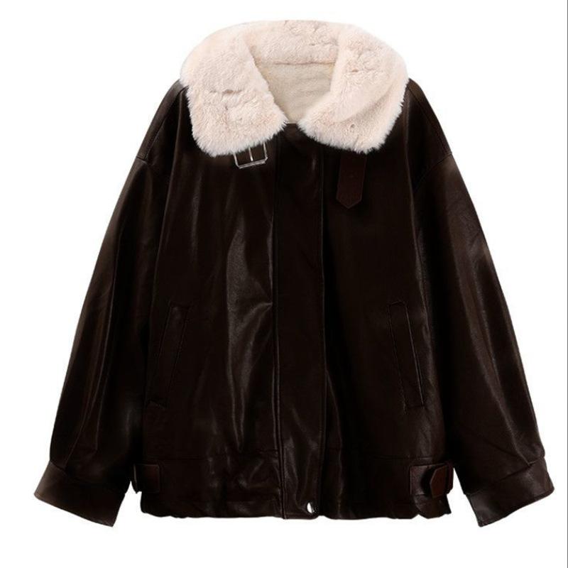 Leather Jacket Women's Velvet Thickening Autumn and Winter New PU Fur One-piece Korean Version Warm Loose Casual Motorcycle Jacket