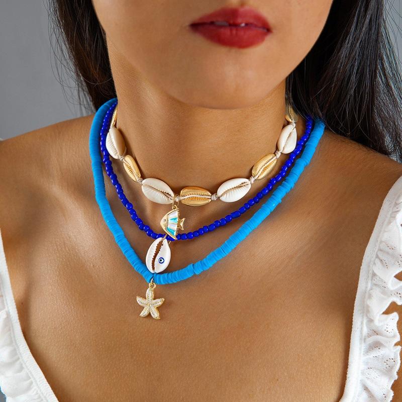 Bohemian Conch Shell Necklace Rice Bead Set, Beach Wind Devil's Eye Necklace Set