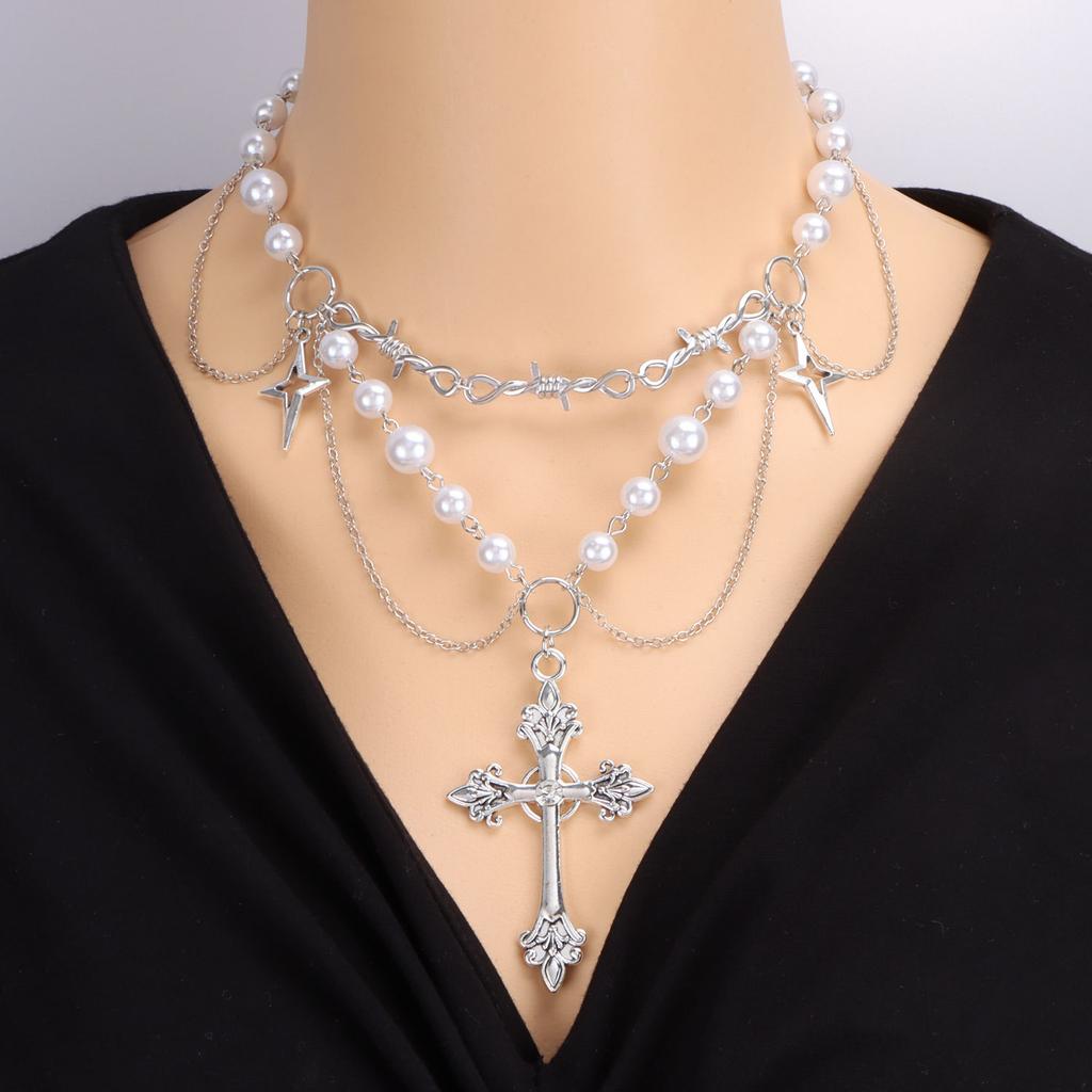Y2k Spicy Girl Fashion Imitation Pearl Tassel Cross Necklace