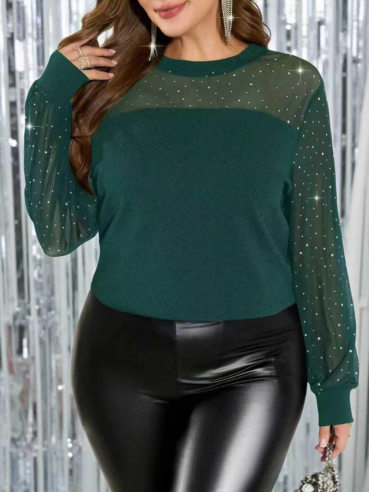 

Year-End Cross-Border Women s Fashion: Elegant Rhinestone Mesh Patchwork Top for Spring/Autumn 3XL зелений
