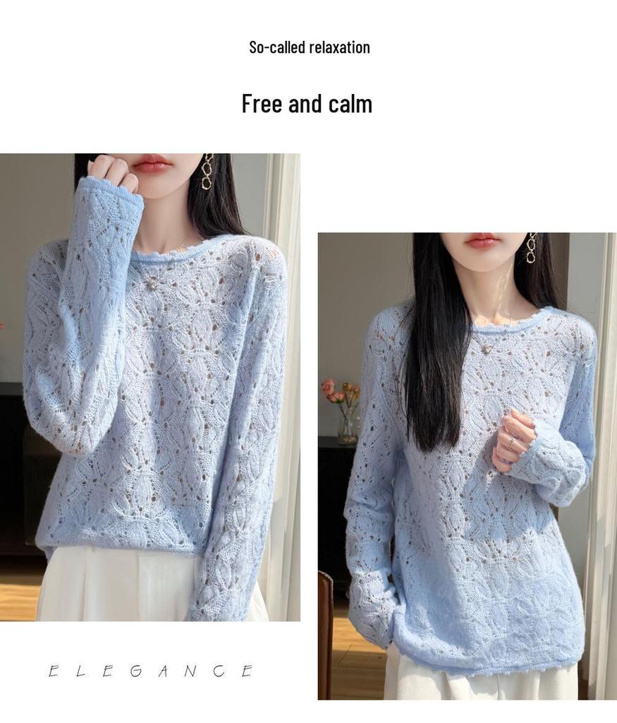 ER26 Spring Hollow Flower Knit Top - Sweet Crochet Texture Pullover for Women
