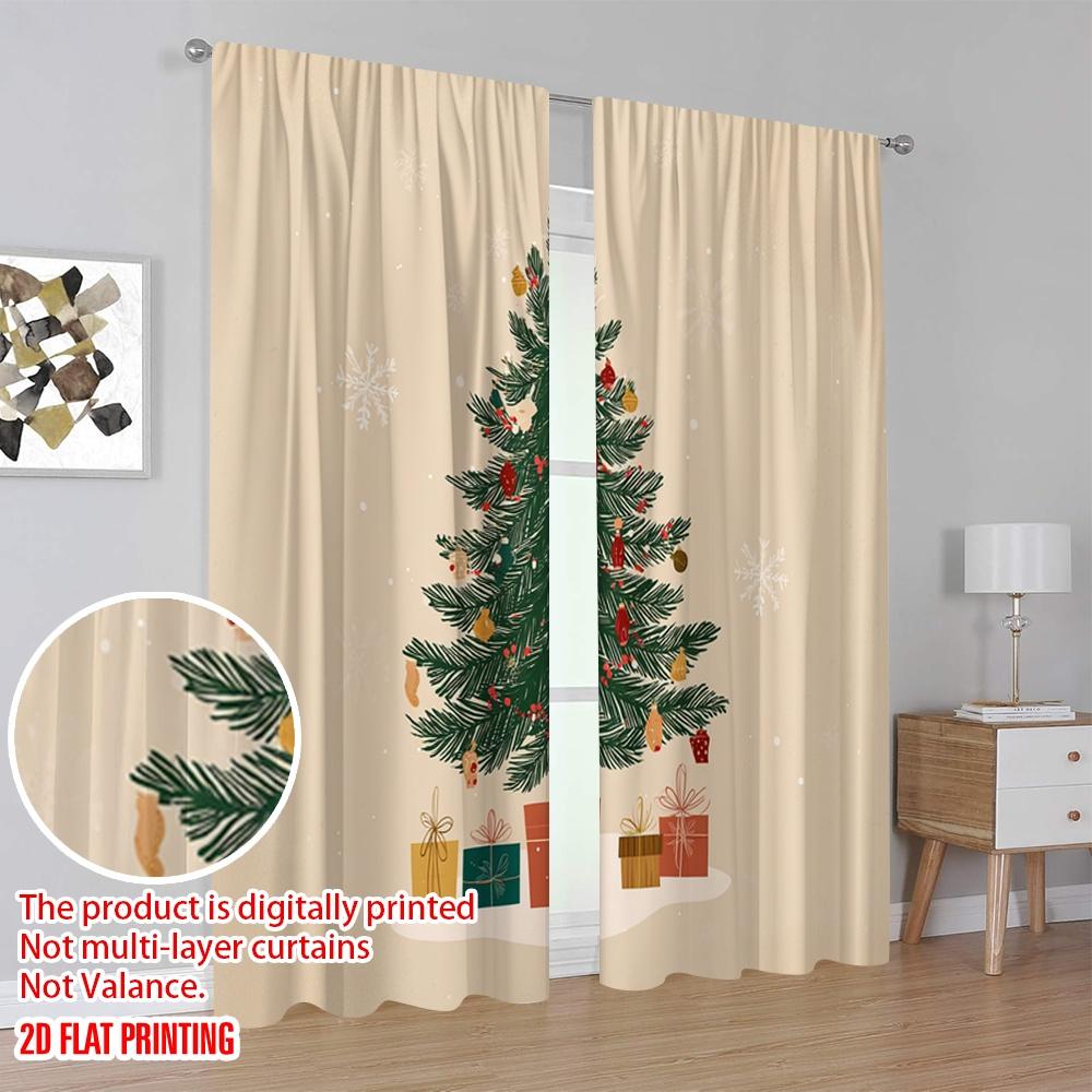 2pcs,2D Plane Printing Minimalist Curtains Christmas Tree_ Gift Box_ Snowflake Versatile 100% Polyester (without Rod) Festive