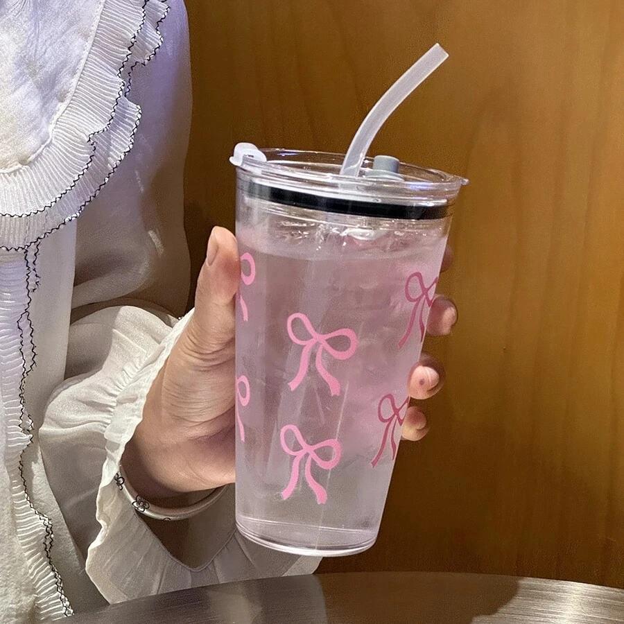 1pc 500ml Pink Bow Plastic Cup Milk Coffee Mug with Straw Transparent Travel Outdoor In Water Drinking Cup Kitchen Water Cups