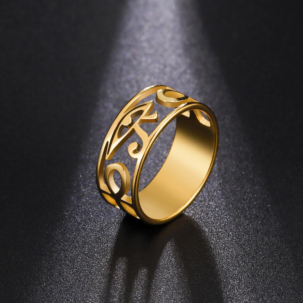 LIKGREAT Ancient Egypt Eye Of Horus Ring Stainless Steel Hollow Ra Udjat Finger Rings Accessories Ankh Cross For Women Men Gifts