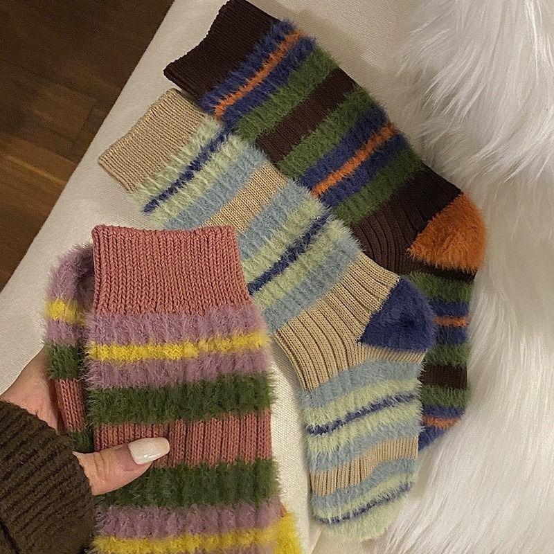 Female Winter New Style Plush and Thick Color Stripes Students All with Long Socks