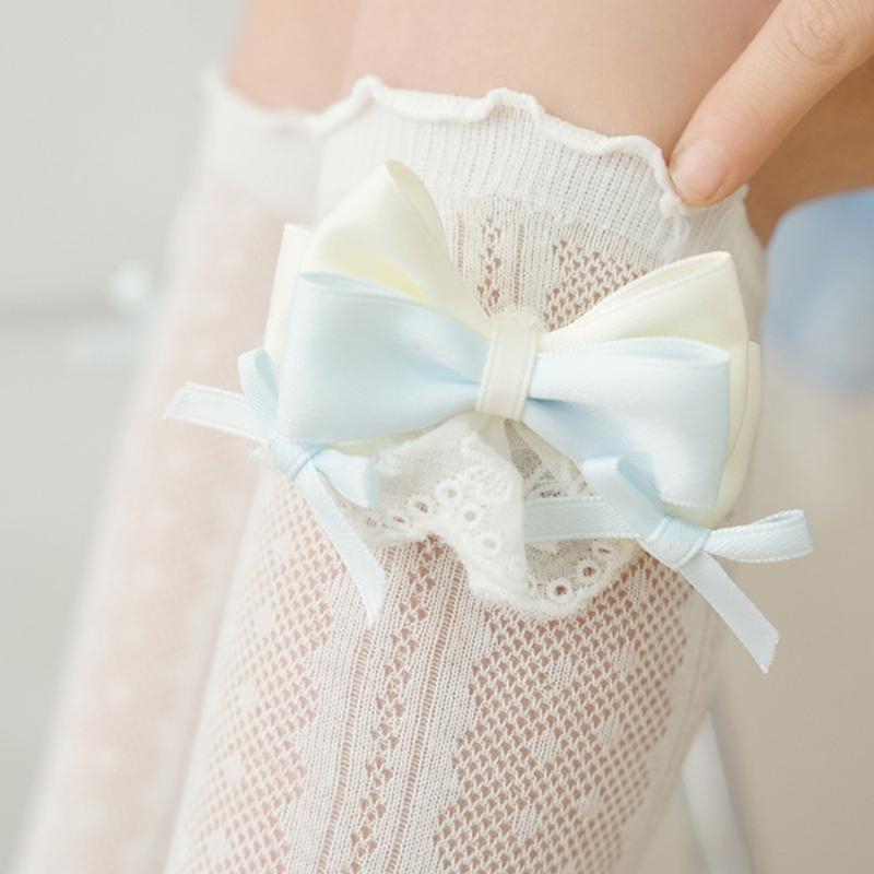 Stylish Knee Length Socks for Girls 3-12 Years Bowknot Trimmed Long Tube Socks Party Daily Wear Accessories