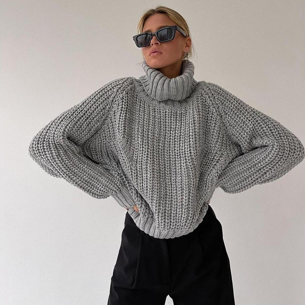Autumn Winter Vintage Loose Long Sleeve Top Solid Color Pullover Knitwear Stand Collar Sweater