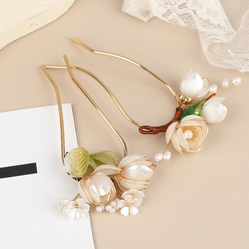 1Pcs U Shape Jade Orchid Hairpin For Women Vintage Chinese Style Wrapping Flower Hairpin Handmade Metal Jewelry Hair Accessory