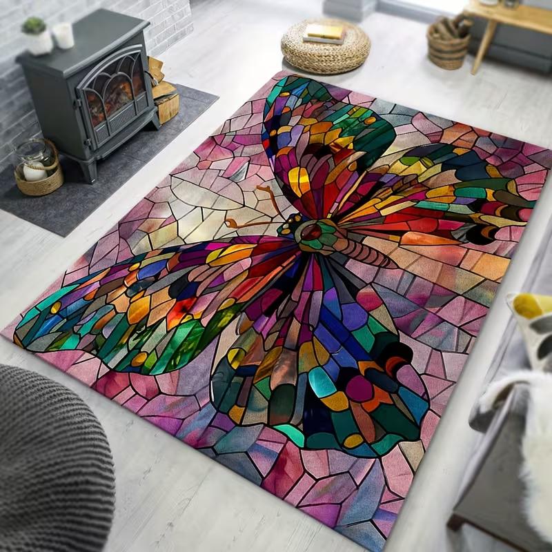Watercolor Butterfly Floral Area Rug Non Slip Soft Floor Mat Bedroom Living Room Fresh Nature Style Indoor Decor Carpet