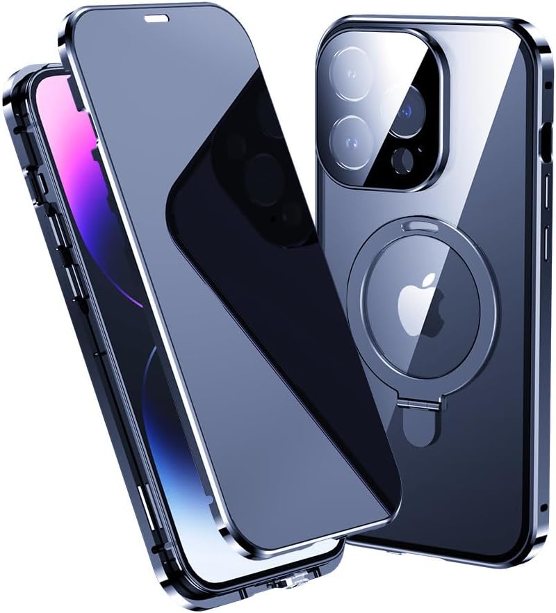 

Для iPhone 16 15 14 Pro Max Металлическая рамка с защитой от подглядывания, Двусторонняя защита, Магнитный чехол, Защитное стекло с функцией конфиденциальности, Защита объектива, Подставка For iPhone 14 Plus&Case & Holder синий