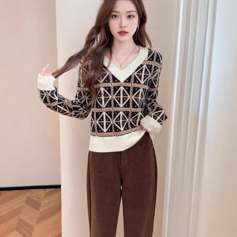 Automne Hiver Col V Patchwork Diamant Pull Décontracté Ample Femme Tricot Vintage Haut Pull de Fond