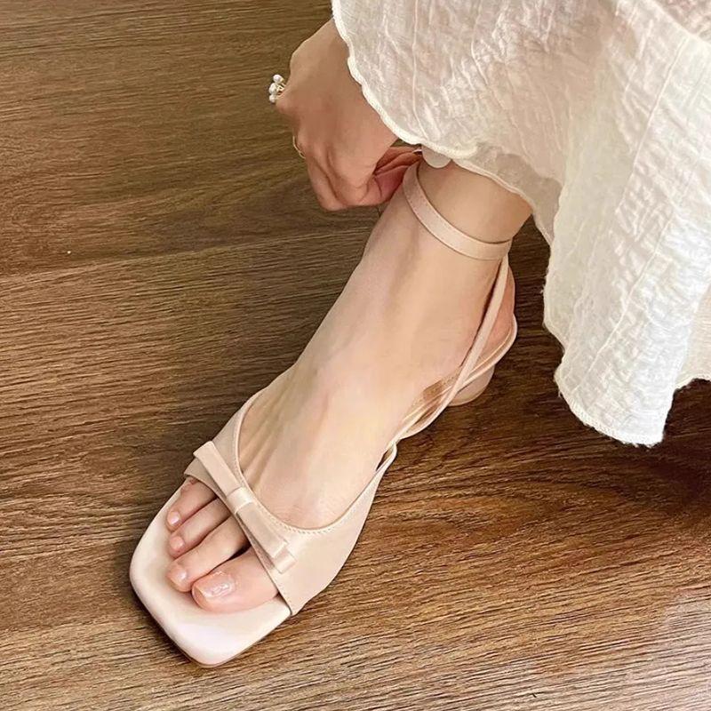 Thick Heel Pink French Cool Slippers Fairy Shoes Wear 2025 New with Skirt Bow Open-toed Sandals