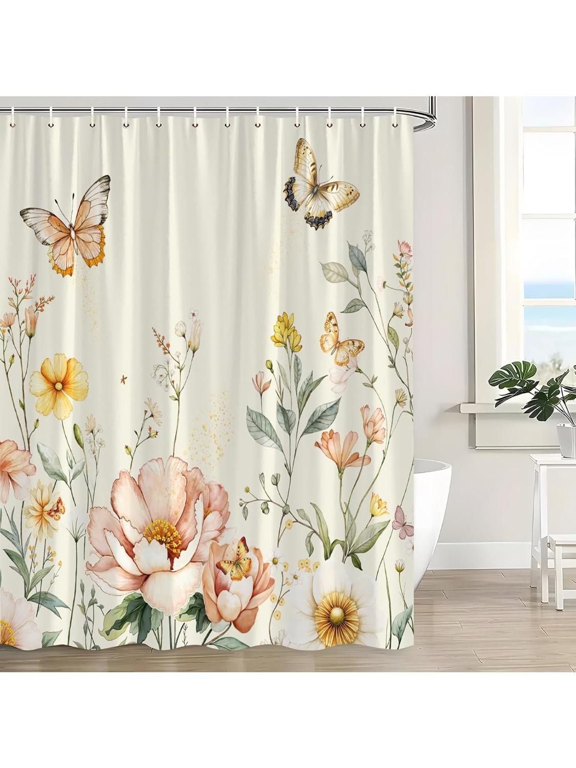 

Pink Beige Floral Shower Curtain Watercolor Wildflower Rustic Flower Butterfly Blossom Plant Botanical Aesthetic Bath Curtain W60H190(CM)-1 Pcs