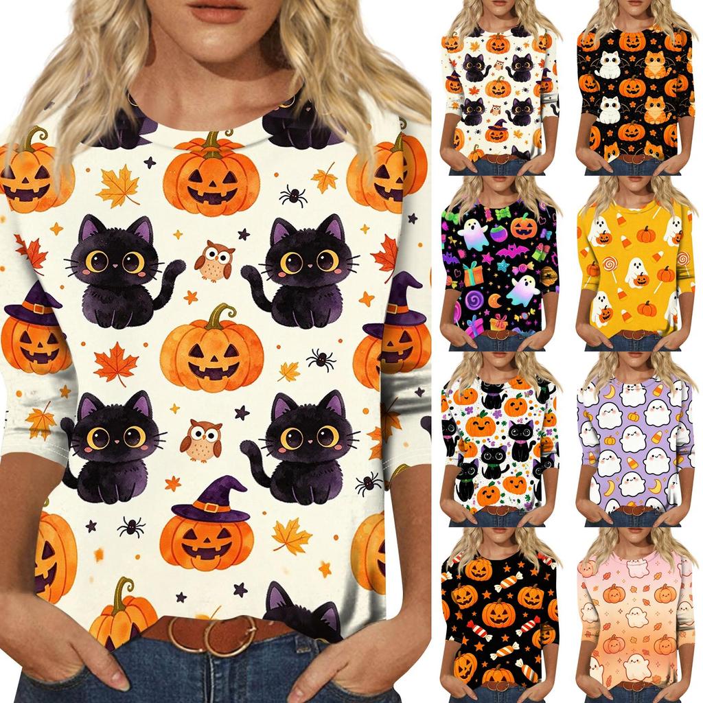 Women's Casual Halloween Print 3/4 Sleeve Round Neck Top Lightweight Soft Fabric Pullover Shirt for Everyday Wear
