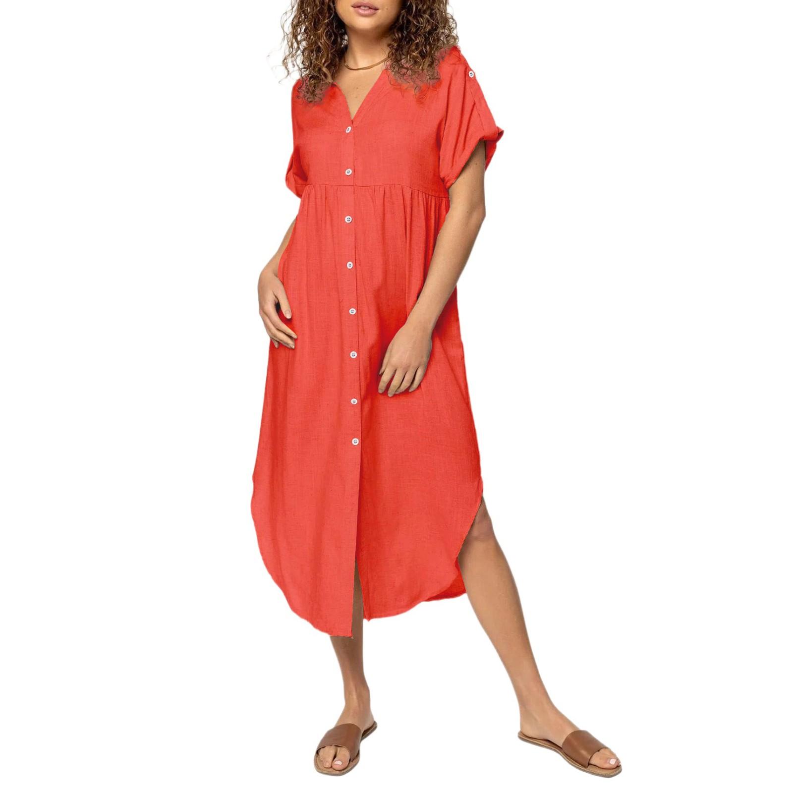 

Женское модное свободное повседневное платье средней длины с пуговицами XL арбуз красный