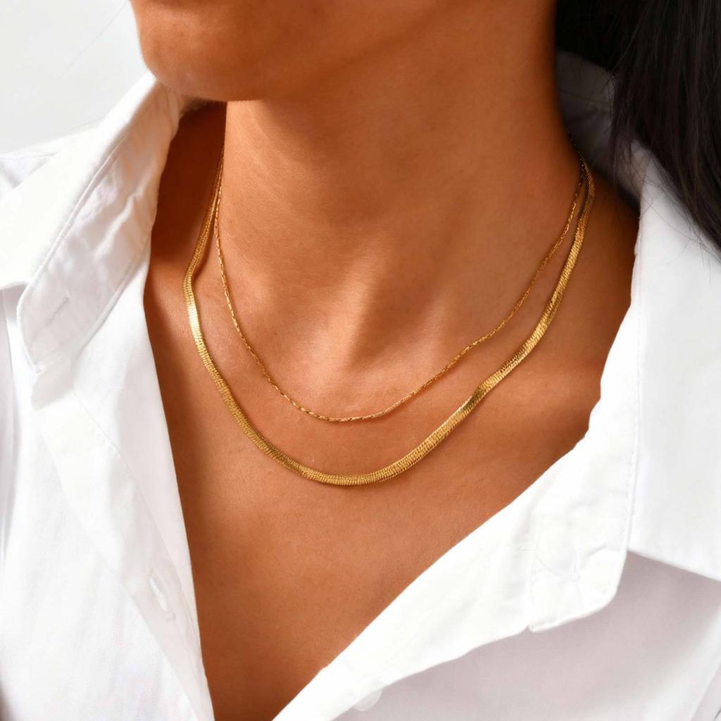 18K Gold-Plated Stainless Steel Blade Chain Hammer Round Chain Double-Layer Necklace Wind Simple Collarbone Chain Female Nc-1367