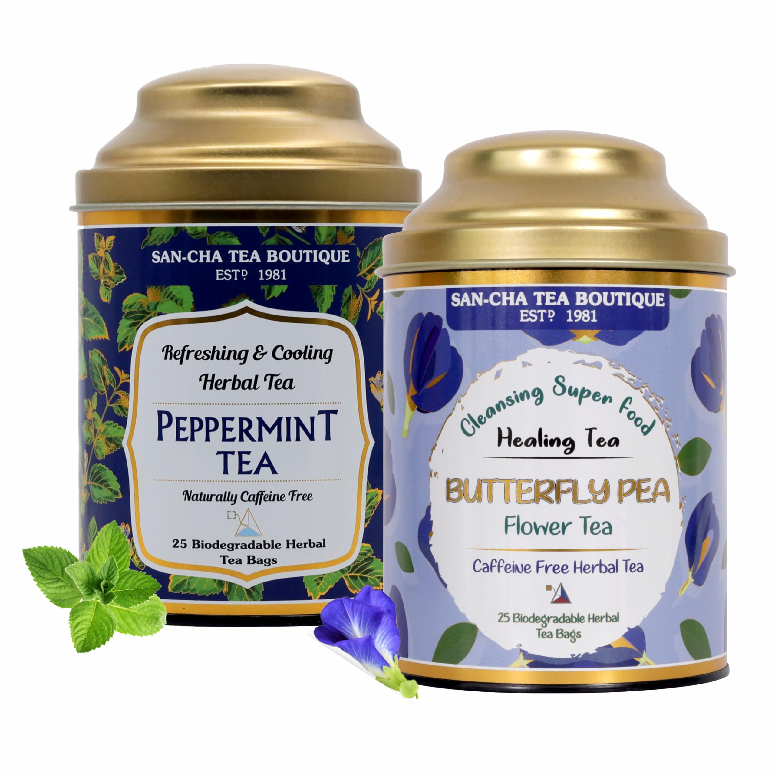 Sancha Tea Boutique, Combo Pack, Peppermint Herbal Tisane (25 Pyramid Bags) & Butterfly Blue Pea Flower Tea (25 Pyramid Bags), Caffeine Free