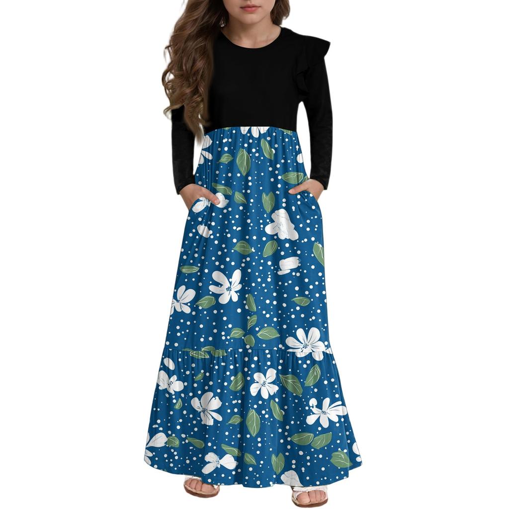 Girls' Tiered Ruffle Dress - Long Sleeve Printed Maxi With Pockets