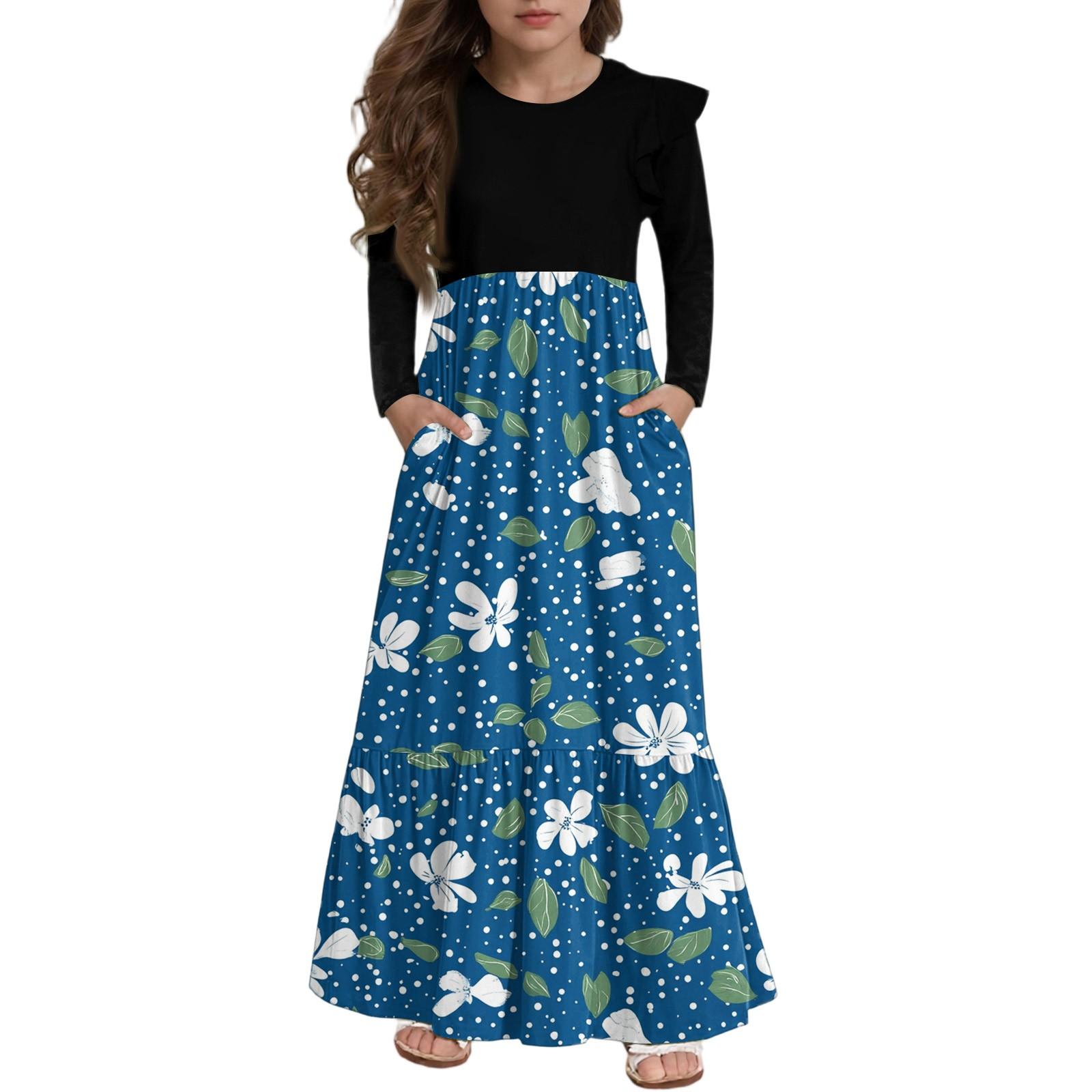 

Платье с многоярусными оборками для девочек - Макси с длинным рукавом и принтом, с карманами 150 синий