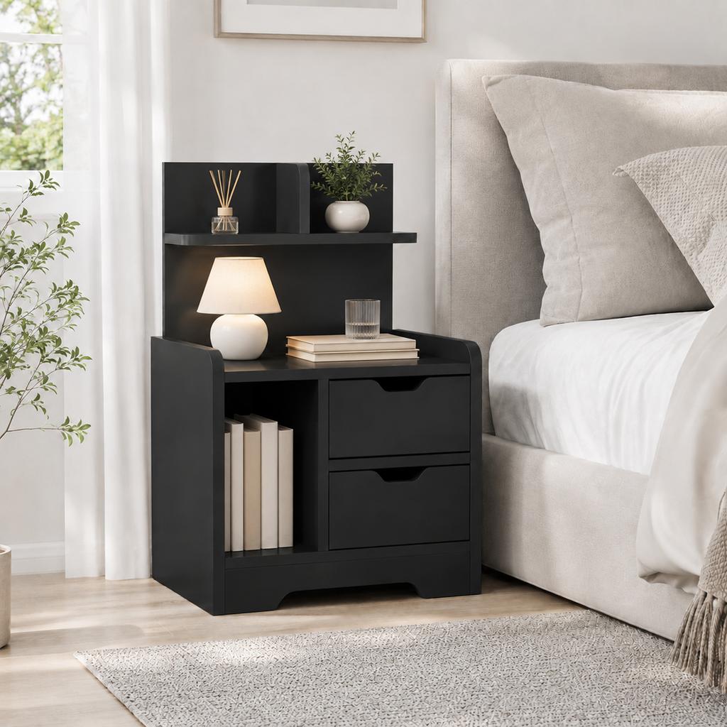 Bedside Table, Small Bedside Cabinet with 2 Drawers and Storage Shelves for Bedroom, Black Wood Effect