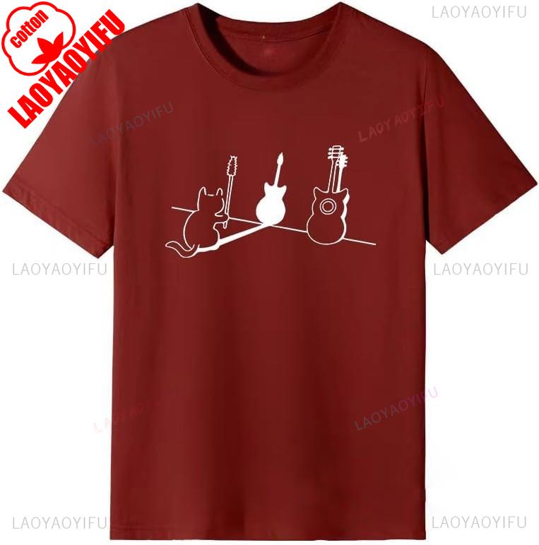 For Work or School Guitar Funny Cute Cat TShirt Mens Womens Short Sleeve Parody Pattern Clothes Birthday Gift Graphic Tshirt