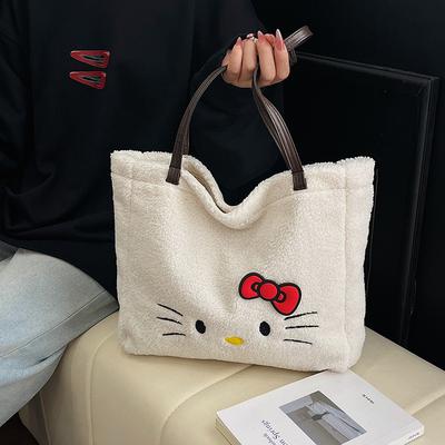 Cute Plush Hello Kitty Commuter Canvas Bag Sweet Cartoon Kitty Tote Shoulder Bag Large Capacity Tote Bag