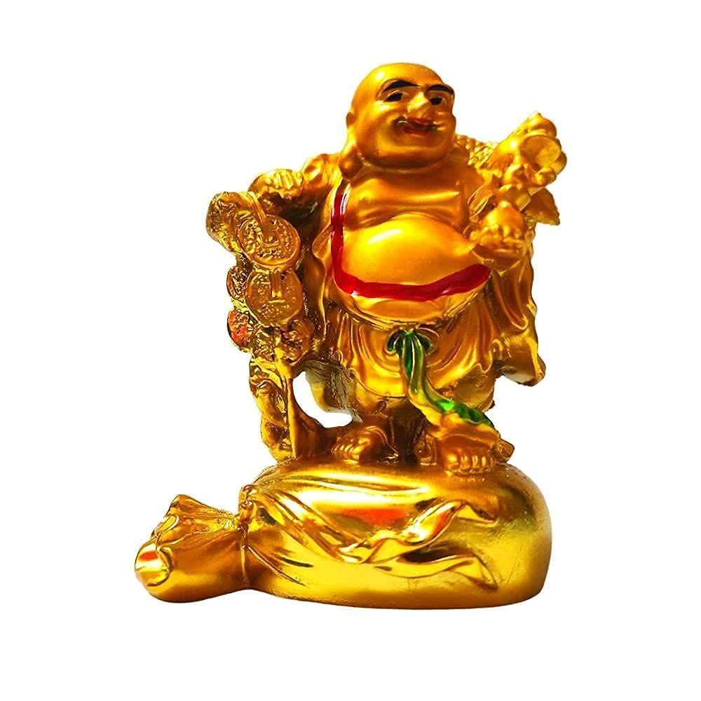 Laughing Buddha Standing on Money Potli Idol Statue Showpiece Happiness and Money Wealth Sitting Idol for Home Decor Living Room
