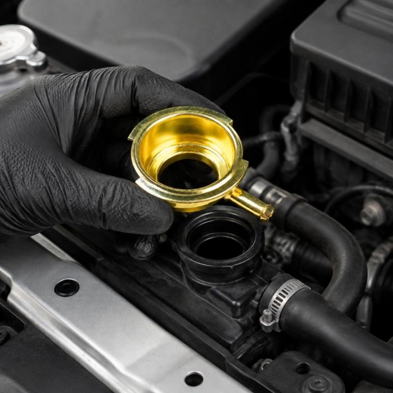 Automotive Cooling System Filler Neck Component with Round Opening and Side Outlet Tube for Radiator Repair Tasks