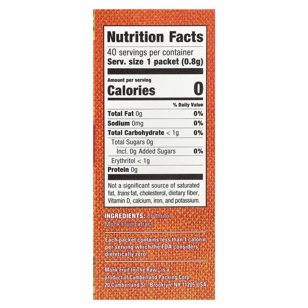 In the Raw, Monk Fruit In The Raw®, Zero Calorie Sweetener, 40 Packets, 1.12 Oz (32 G)