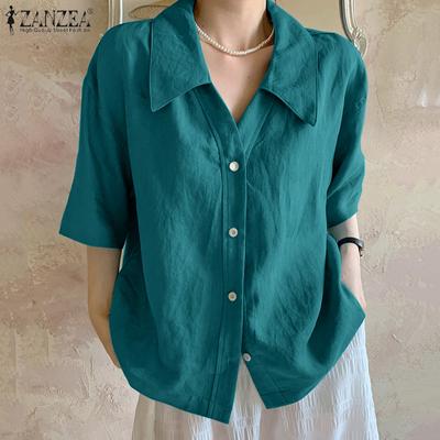 Women Casual Turn Down Collar Short Sleeve Summer Blouse