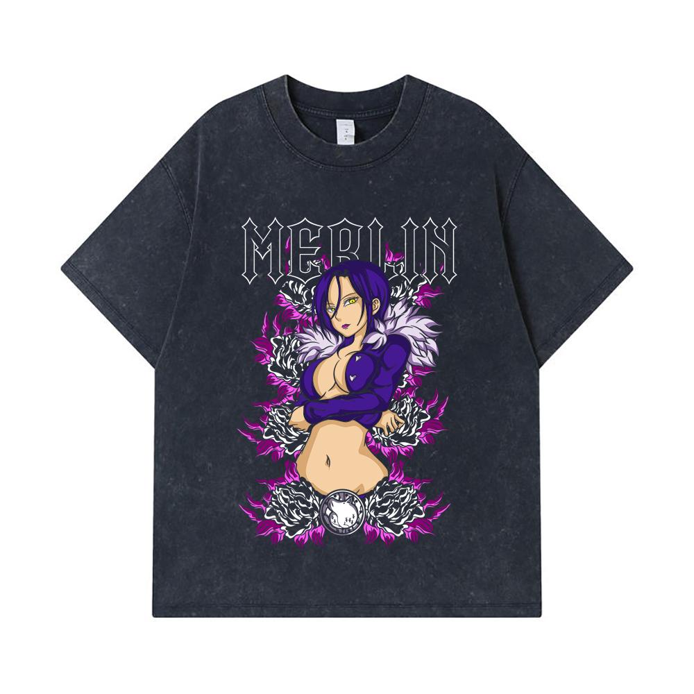 275 GSM Washed T-shirts 100% Cotton Seven Deadly Sins V8 Merlin Print Unisex Heavy Cotton T Shirt