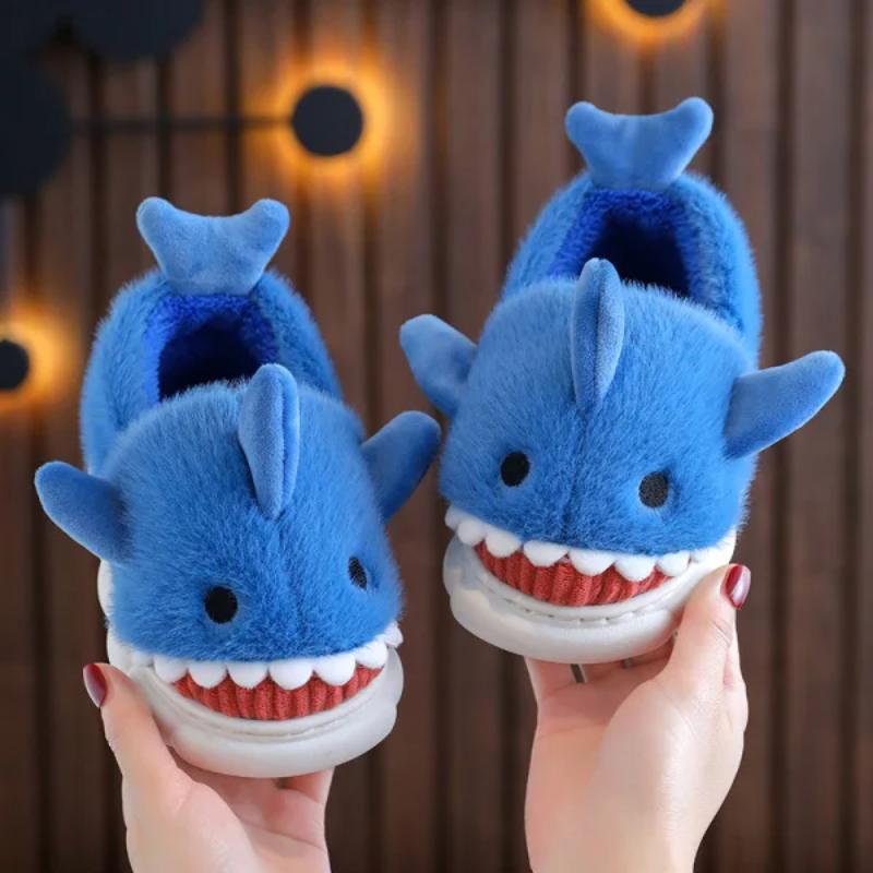 Warm Winter Kids Shark Cotton Slippers Non-Slip Soft Sole Cute Cartoon Plush Home Shoes for Boys Girls Indoor Outdoor