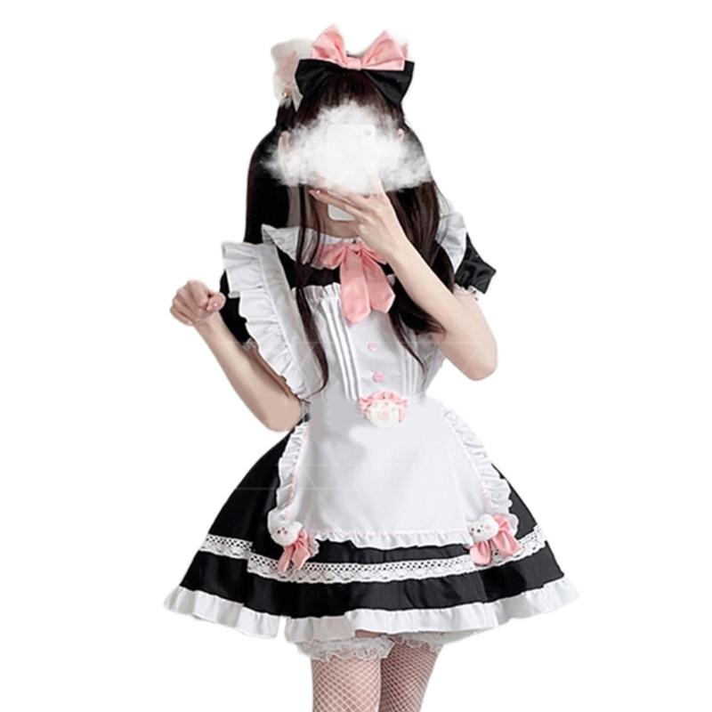 Sweet Maid Outfit Women Anime Maid Costume Fancy Dress Cosplays Costume Maid Dress with Sock Headwear Apron Bustel