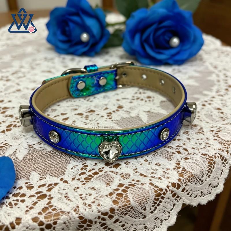 PU Leather Dog Collar Fish Rhinestone Reflective Adjustable Small Medium Large Dogs