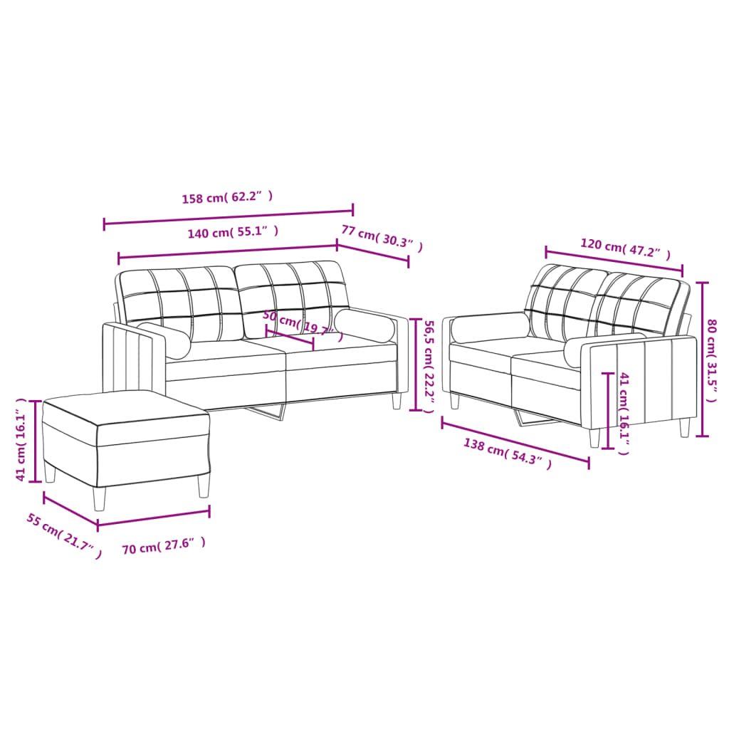 3 Piece Sofa Set with Cushions Taupe Fabric