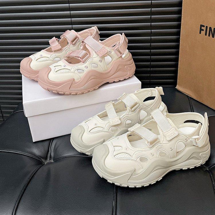 Thick-soled Mary Jane shoes women's 2025 new summer Velcro hollowed-out Roman sandals soft-soled breathable dad shoes