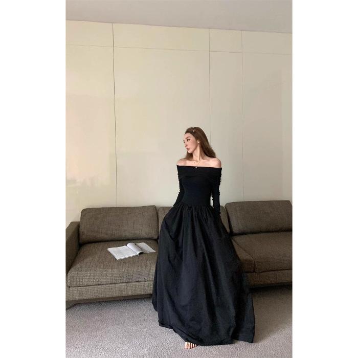 

Human cotton autumn retro fashion sense black one-word shoulder dress waist slim and thin temperament long dress S