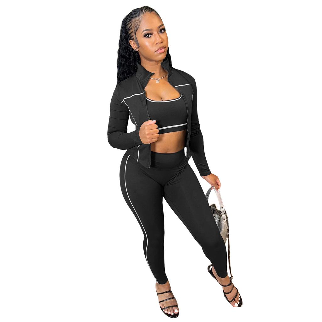 Completo da Donna in Tre Pezzi Set Sportivo Coordinato Giacca con Zip Skinny Top a Canotta Pantaloni a Matita Vita Elastica Slim Casual Primavera 2026
