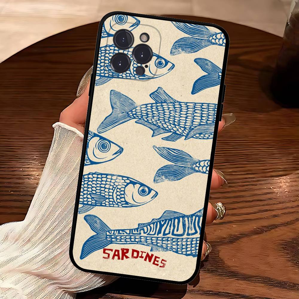 Sardines Retro Art Seafood Soft Back Phone Cover Case For IPhone 17 16 Pro Max 15 12 11 16e 13 Mini 14 15 Plus
