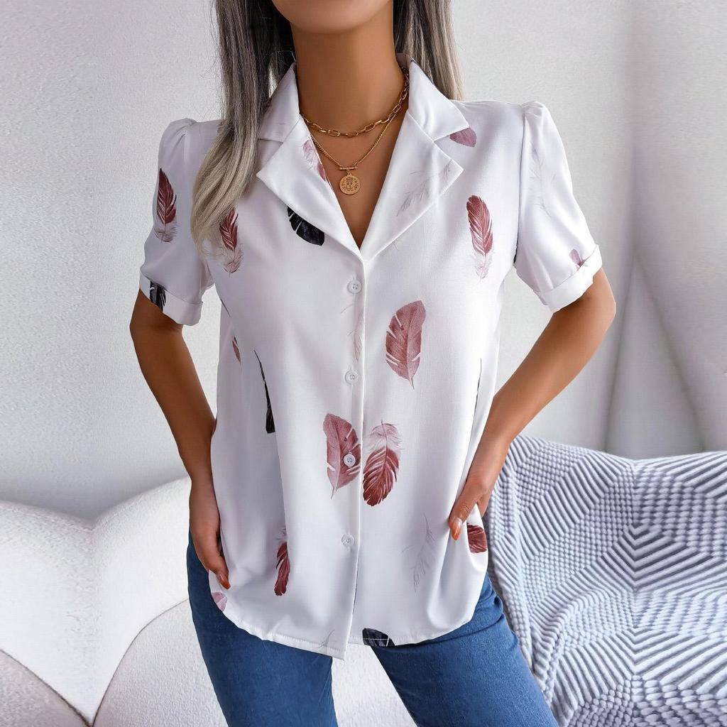 Women Summer Suit Collar Feather Loose Short Sleeve Shirt Blouses Loose All Match Tops