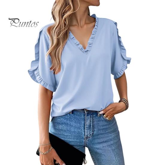 Damen T-Shirt V-Ausschnitt Rüschenbesatz Patchwork Blütenblattärmel Einfarbig Oberteile Lockerer Schnitt T-Shirt Lässig Büro Reisehemd