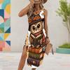 Women Plus Size U Neck Sleeveless Dress Cartoon Witch Raccoon Halloween Printed High Side Slit Curved Hem
