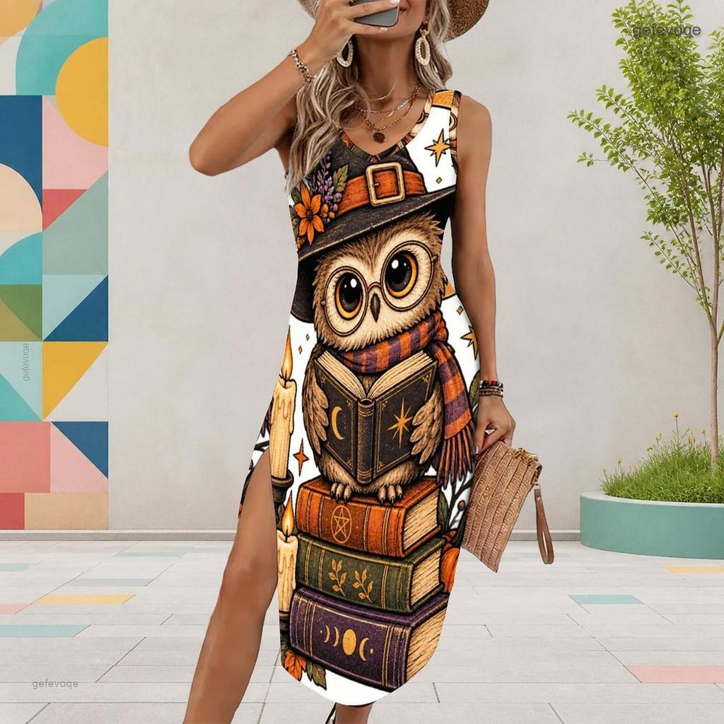 Women Plus Size U Neck Sleeveless Dress Cartoon Witch Raccoon Halloween Printed High Side Slit Curved Hem