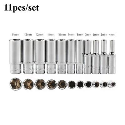11pcs 4 Mm To 14 Mm Professional Grade Metric Long Chrome Socket Set 1/4-Inch Drive 6-Point Deep Socket
