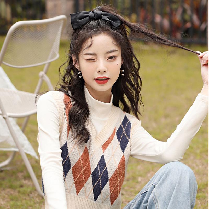 Sleeveless Pullover England Vintage Geometric Rhombic V Neck Knitted Sweater Vest Knitwear Lady Waistcoat Tops Women