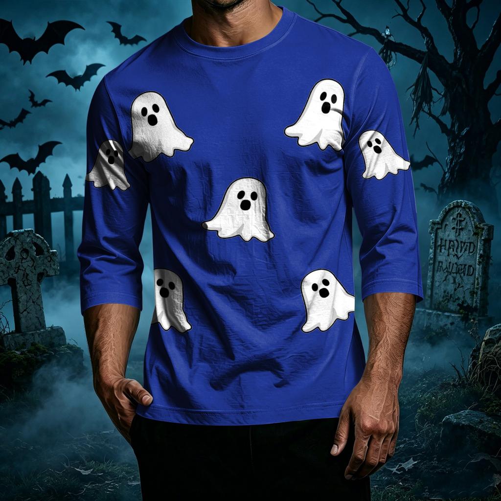 Men Casual Halloween Print Crew Neck T Shirt Three Quarter Sleeve Top Patchwork Style Comfortable Fit Lightweight Fabric
